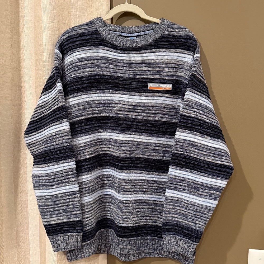 Vintage Southpole Sweater Men's Blue White Striped Y2K 90s Hip Hop, Size Medium